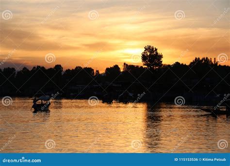 Landscape Sunset of Houseboats and Shikara on Dal Lake Stock Photo ...