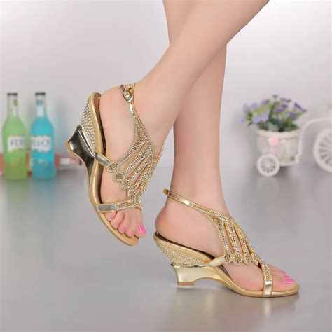 2016 summer New fashion wedding shoes gold color wedges heels dress ...