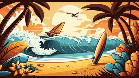 Summer Beach Surfing Cartoon Illustration Background, Summer, Seaside, Surf Background Image And ...