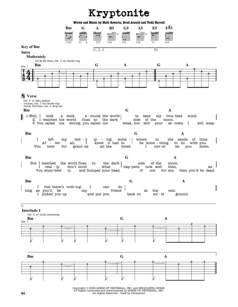 Kryptonite by 3 Doors Down - Guitar Lead Sheet - Guitar Instructor