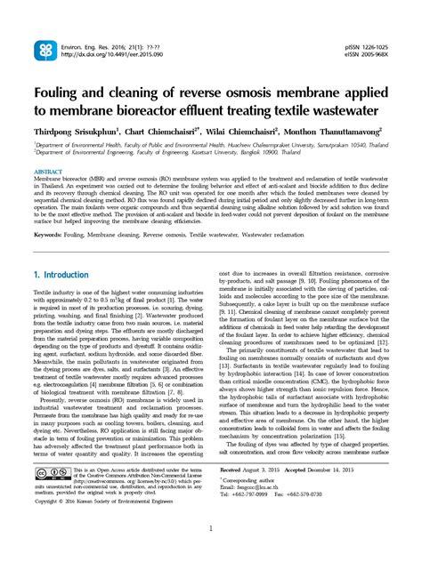 Fouling and Cleaning of Reverse Osmosis Membrane Applied to Membrane ...