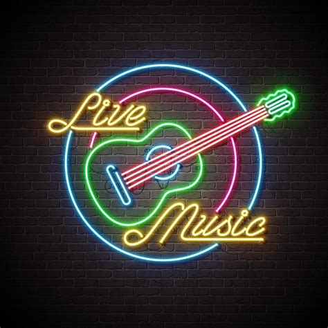 Live music neon sign with guitar and letter on brick wall background ...