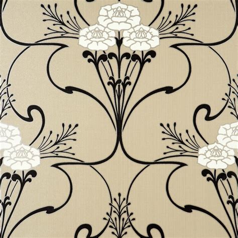 Flower & Vine Art Deco style wallpaper in Beige White Black Gold • £9. ...