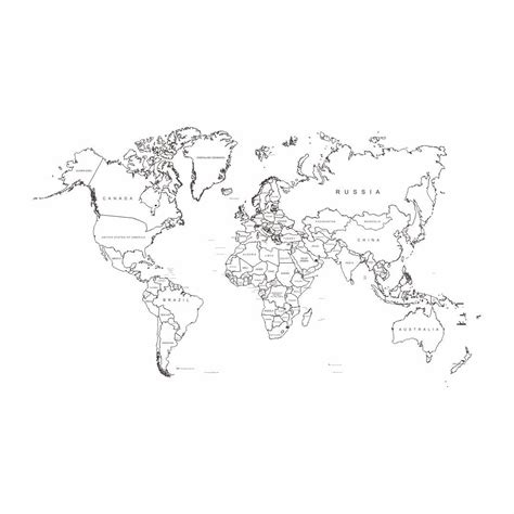 Black and White World Map with Labeled Countries