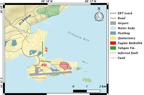 Geological map of the Ushuaia Zone. In green are outlined the tracks of... | Download Scientific ...