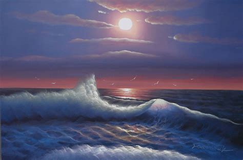 Night Ocean Art Moonlight Wave Painting Blue Sky Oil on Canvas Wall Art ...