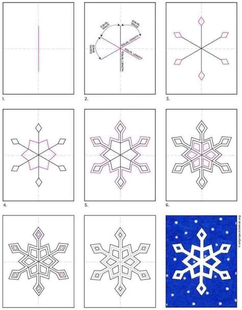 four different snowflakes that have been drawn in the same way as each other