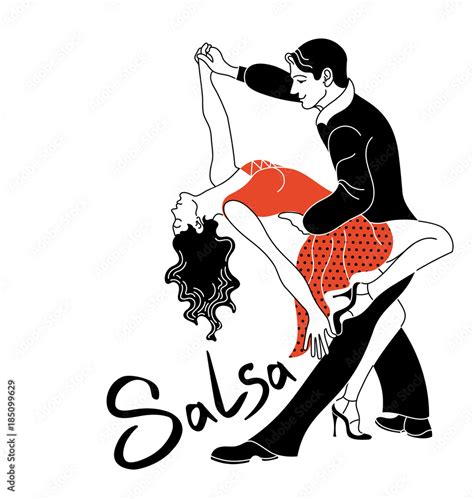 Salsa party dance poster. Elegant couple dancing salsa. Retro style. Silhouettes of people ...