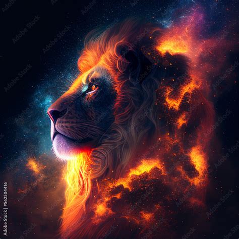 Burning Fire Lion WIth Beautiful Landscape Scenery, moody abstract image Stock Illustration ...