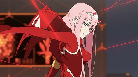 Darling In The FranXX Zero Two Hiro Zero Two With Red Dress And Pink Hair With Some Red Laser ...