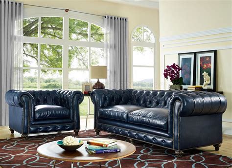 Cindy Crawford Home Calvano Blue Leather Sofa | ubicaciondepersonas.cdmx.gob.mx