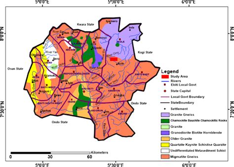 Geological map of Ekiti State showing the study area (modified after... | Download Scientific ...