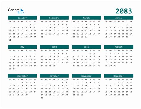 Free 2083 Calendars in PDF, Word, Excel