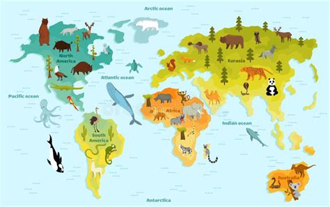 Funny Cartoon Animal World Map for Children with the Continents, Oceans and Lot of Funny Animals ...