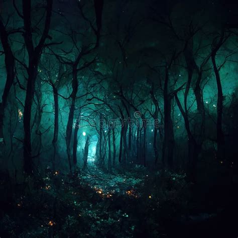 Realistic Haunted Forest Creepy Landscape at Night. Fantasy Halloween Forest Background. Digital ...