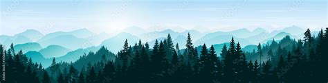 Mountain landscape. Mountains and coniferous forest. Tourism and travelling. Natural banner ...