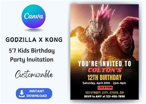 EDITABLE, 10 Godzilla X Kong Kids Birthday Party Invite, Customizable easily in Canva in 2024 ...