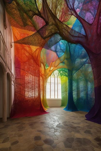 Premium AI Image | A large rainbow art installation hangs in a building.