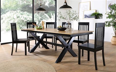 Grange Painted Black and Oak Extending Dining Table with 8 Oxford Black ...