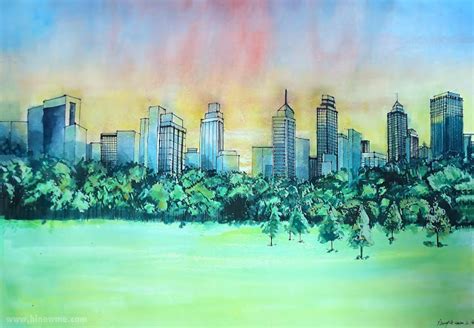 How to draw city landscape sunset in Gouache and Watercolor , come to see our online class ...