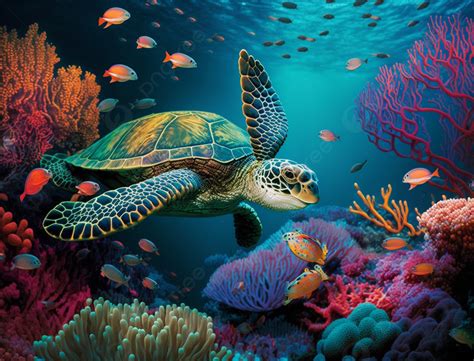 Sea Turtle Red Coral Reef Beautiful Ocean World Background, Ocean, Sea Turtle, Animal Background ...