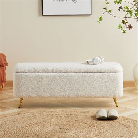 Modern Bedroom Boucle White Bench Upholstered Ottoman with Storage & Gold Legs White Bench ...