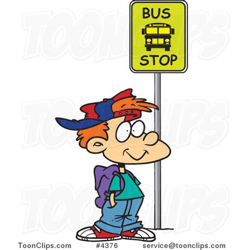 Cartoon Boy Waiting at a School Bus Stop #4376 by Ron Leishman