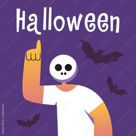 Halloween 2023 celebration concept. Guy with skull mask points to text. Scary atmosphere with ...