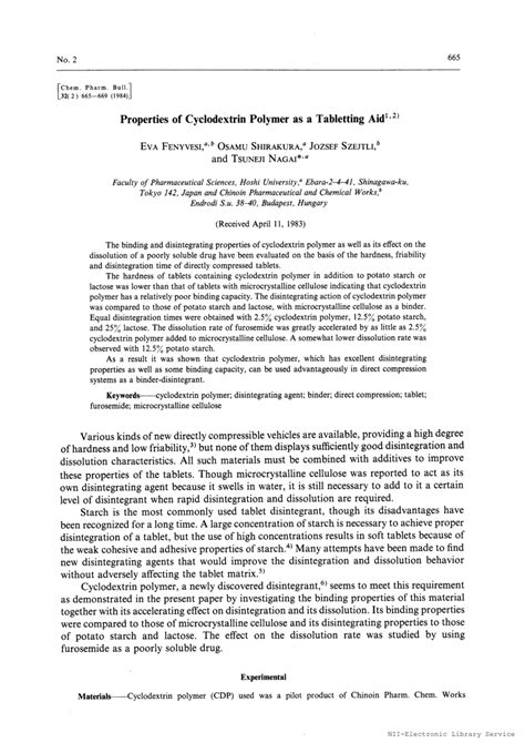 (PDF) Properties of cyclodextrin polymer as a tabletting aid