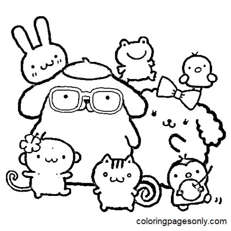 Coloriage Sanrio Pompompurin avec ses amis - Coloriages gratuits à imprimer