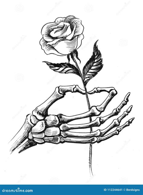 Skeleton Hand Holding Rose Outline