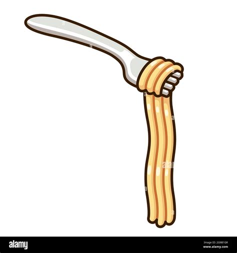 Cartoon drawing of spaghetti noodles on fork. Hanging long pasta ...