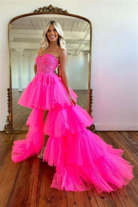 Cute A Line Sweetheart Hot Pink Tulle High Low Prom Dresses VK23022504 – Vickidress