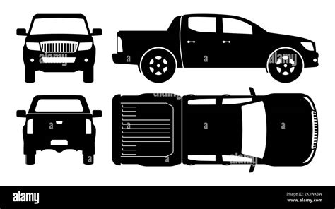 Pickup truck silhouette on white background. Vehicle icons set view from side, front, back, and ...