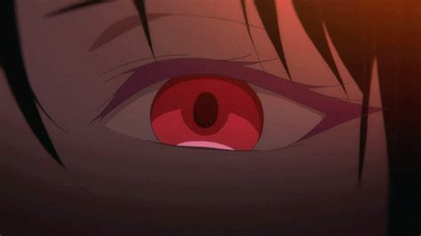 an anime character's eye is shown with red and pink irises in the background