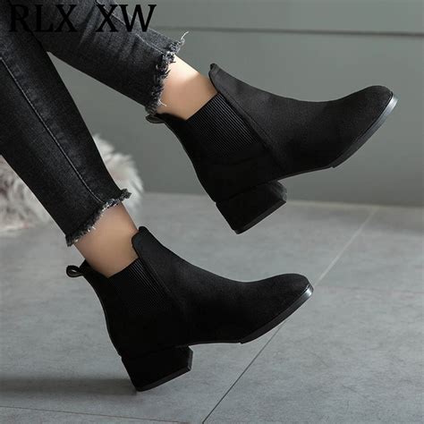 Winter Boots women 2019 Black Ankle Boots For Women Thick Heel Slip On Ladies Shoes Boots Bota ...