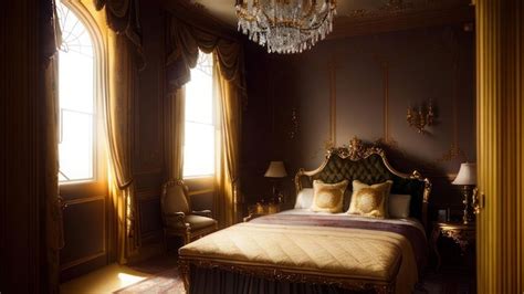 Premium AI Image | A bedroom with a chandelier and a bed with gold sheets.