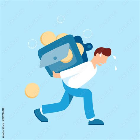 Man carrying a heavy wallet with coins vector illustration in flat design. Tired hard working ...