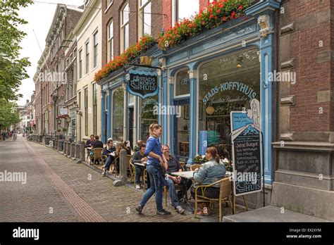 Popular cafeteria on Oude Delft in the historic city center of Delft, South Holland, The ...