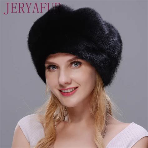 JERYAFUR 2018 Russian hat winter woman fur hat style cloak real mink fur hat Black women's ...