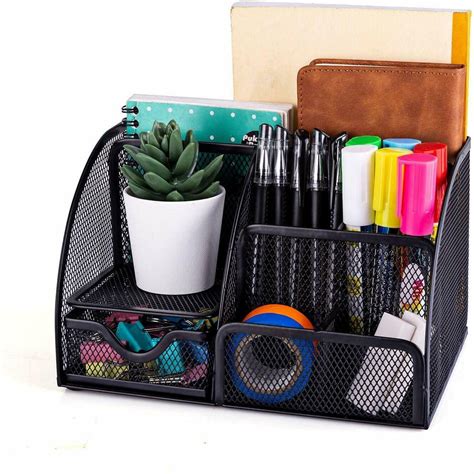 Mesh Office Supplies Desk Organizer, 6 Compartments plus drawer, Black - Walmart.com