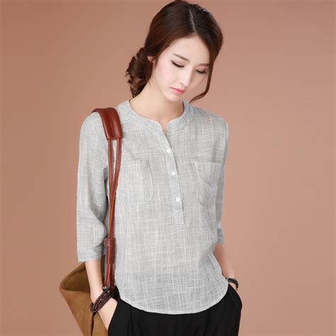 New Women Summer Casual Lattice Gray Cotton Linen Shirts Natural Tops Short Sleeve Blouse Femme ...