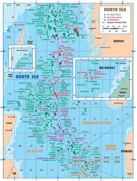 a map of the north sea showing various locations