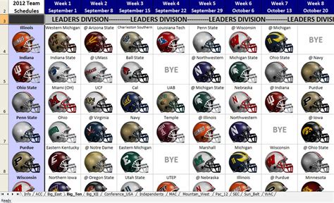 Excel Spreadsheets Help: 2012 NCAA Football Helmet Schedule