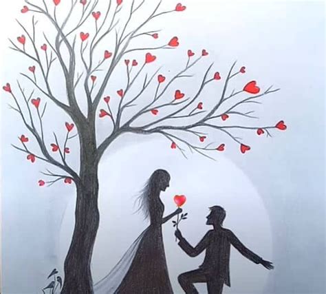 How to draw Romantic couple under love tree with this how-to video and step-by-step drawing ...