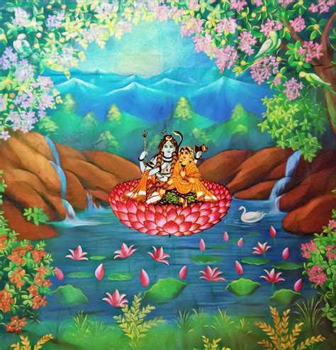 Lord Shiva and Parvati on Lotus in creative art painting wallpaper ...