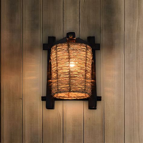 Hand-Woven Rattan Wall Light Fixture Lodge Style 1-Head Brown Sconce ...