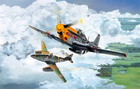 Wallpaper war, art, airplane, american, painting, aviation, jet, german, ww2, P-51 Mustang, Me ...