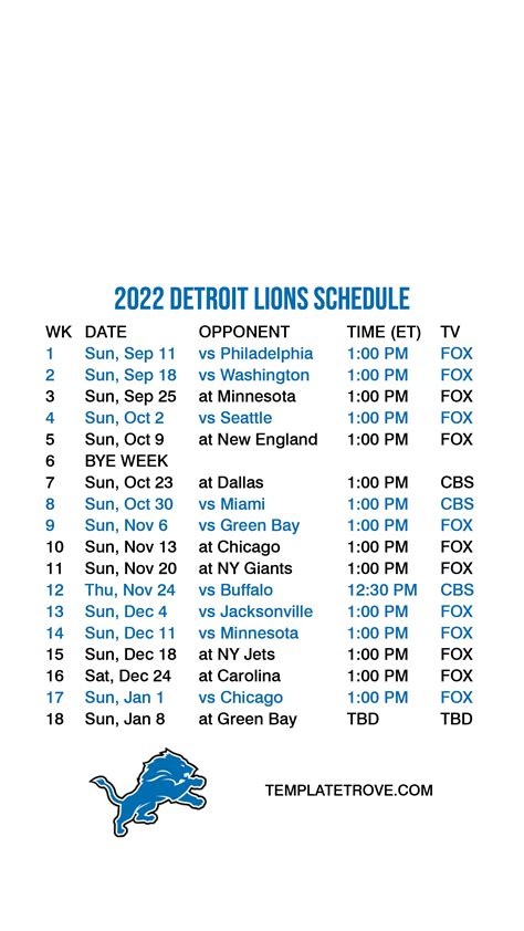 Detroit Lions Schedule Printable