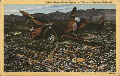 Lockheed Hudson Bomber in Flight Over Southern California Air Force Postcard